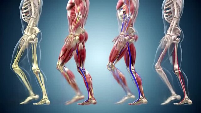 3D Animation of Human Leg Anatomy Walking - Skeleton, Muscular, Circulatory, and Nervous Systems