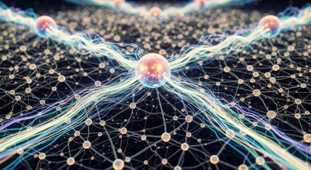 An intricate network of glowing spheres and luminous multi-colored strands traversing a dark background forming a complex interconnected pattern