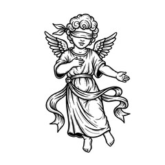 Flying Cupid Angel with Blindfold and Wings - Black and White Vector