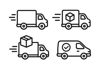 Delivery truck and van icon set. Logistics, shipping, and fast courier service concept. Cargo transport and distribution symbols for web and apps. Editable stroke vector line art.
