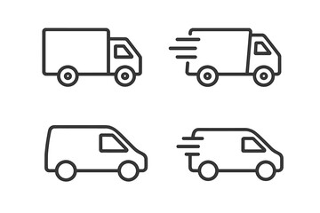 Delivery truck and van line icon set. Fast shipping and logistics concept. Express delivery service symbol. Transport vehicle pictogram collection for web and apps. Vector.
