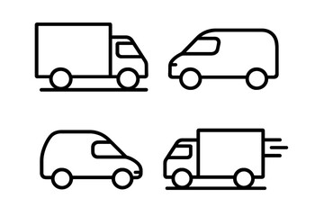 Fototapeta premium Delivery truck, van, vehicle, car simple isolated line icons. Logistics & shipping symbol set. Express transport service pictogram collection. Editable stroke vector illustration.