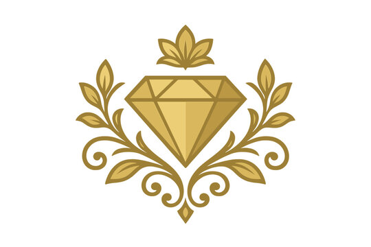 Luxury gold diamond with ornate floral pattern logo design, elegant vector illustration, precious gem icon with decorative leaves, transparent background emblem for branding and luxury brands - Powered by Adobe