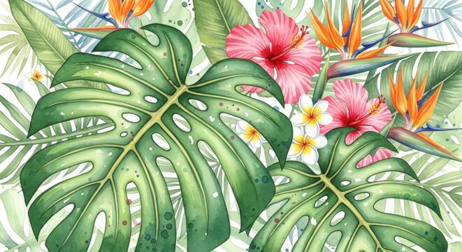 Lush watercolor illustration of tropical flora featuring large Monstera leaves, vibrant hibiscus, bird-of-paradise flowers, and delicate frangipani blooms