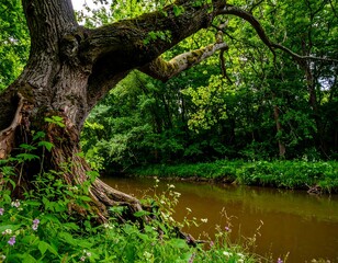 Lush forest with a flowing river