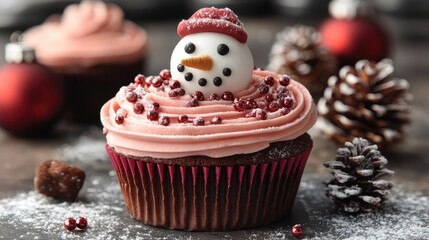 Festive snowman cupcake on dark surface with holiday decorations
