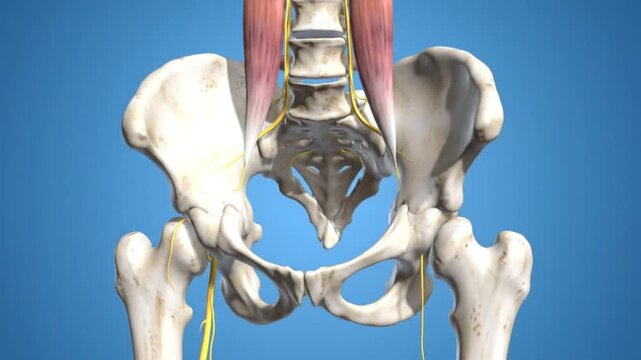Human Pelvis Anatomy with Lumbar Spine, Muscles, and Nerves 3D Animation - Medical Illustration