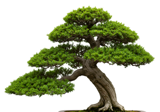 Bonsai Tree Miniature Landscape Japanese Art Detailed Closeup of Lush Foliage and Ancient Trunk on transparent background