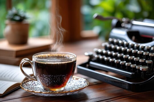 Steaming Coffee Cup and Typewriter by Sunny Window