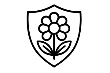 Flower shield outline symbol. Concept for nature protection, security, eco-friendly solutions, and organic safety. Simple vector line icon for web, apps, logo, and branding.