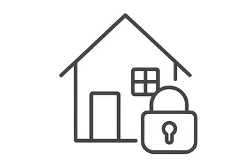 Obraz premium Home security system icon with house and lock. Property protection and safety concept. Real estate insurance symbol. Secure building with padlock. Line vector illustration.