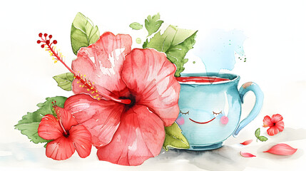 Obraz premium watercolor painting kawaii cute hibiscus tea