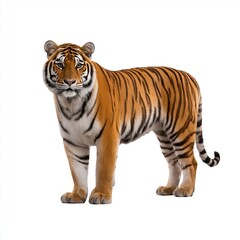 Obraz premium Majestic tiger standing confidently on a white background, showcasing its striking orange and black stripes, embodying the beauty and power of wildlife in a captivating manner