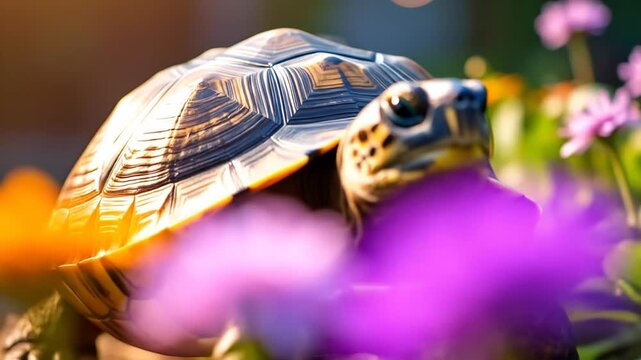 Close up of a turtle with detailed shell and focus on eyes