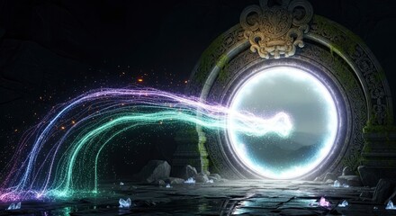 An ornate stone archway forms a luminous portal in a dark, rocky chamber.