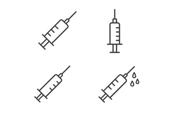 Syringe line icon set for medical and healthcare concepts. Vaccine, injection, immunization, and treatment symbols. Minimalist vector pictograms for web and graphic design.