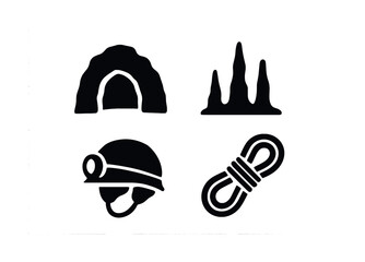 Cave exploration icons: helmet, spelunking gear, cave entrance, stalagmites