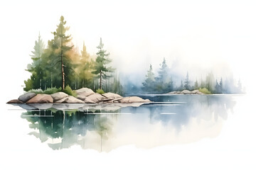 Stunning watercolor mountains and trees. Nature landscape in artistic style.