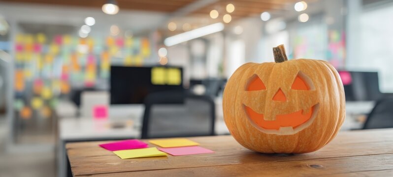 The Pumpkin Jack-o'-Lantern on a Modern Office Desk with Sticky Notes - Powered by Adobe