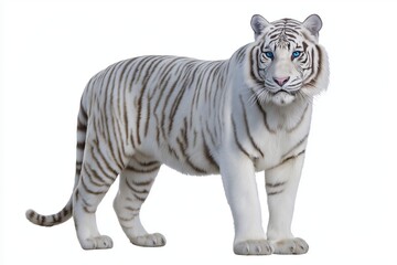 Fototapeta premium White tiger with striking blue eyes stands majestically on a plain background, showcasing its unique fur pattern and powerful physique, embodying grace and strength in the wild