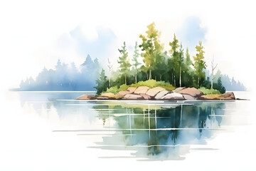 Stunning watercolor mountains and trees. Nature landscape in artistic style.