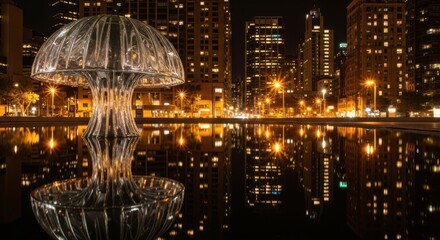 Fototapeta premium Glistening sculpture reflects city lights at night in shimmering water