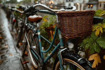Obraz premium Vintage Bicycle with Basket on Rainy Urban Street for Autumn Designs