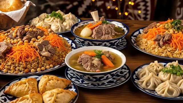 A spread of Central Asian cuisine featuring plov dumplings samsa  a beef broth served in bowls with a blue  white pattern
