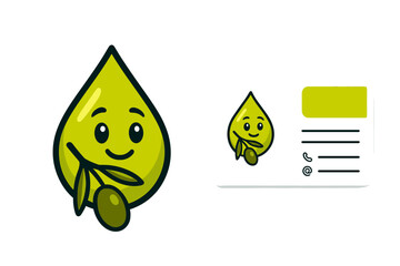 Cute olive oil drop logo design with smiling face and olive branch, friendly cartoon vector illustration for business branding and product packaging design, transparent background