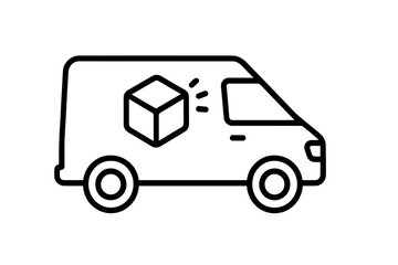 Fototapeta premium Fast delivery service icon. Shipping van with parcel box. E-commerce online order and logistics symbol. Transport truck vector outline pictogram for cargo and freight.
