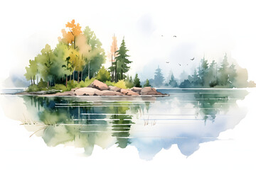 Stunning watercolor mountains and trees. Nature landscape in artistic style.