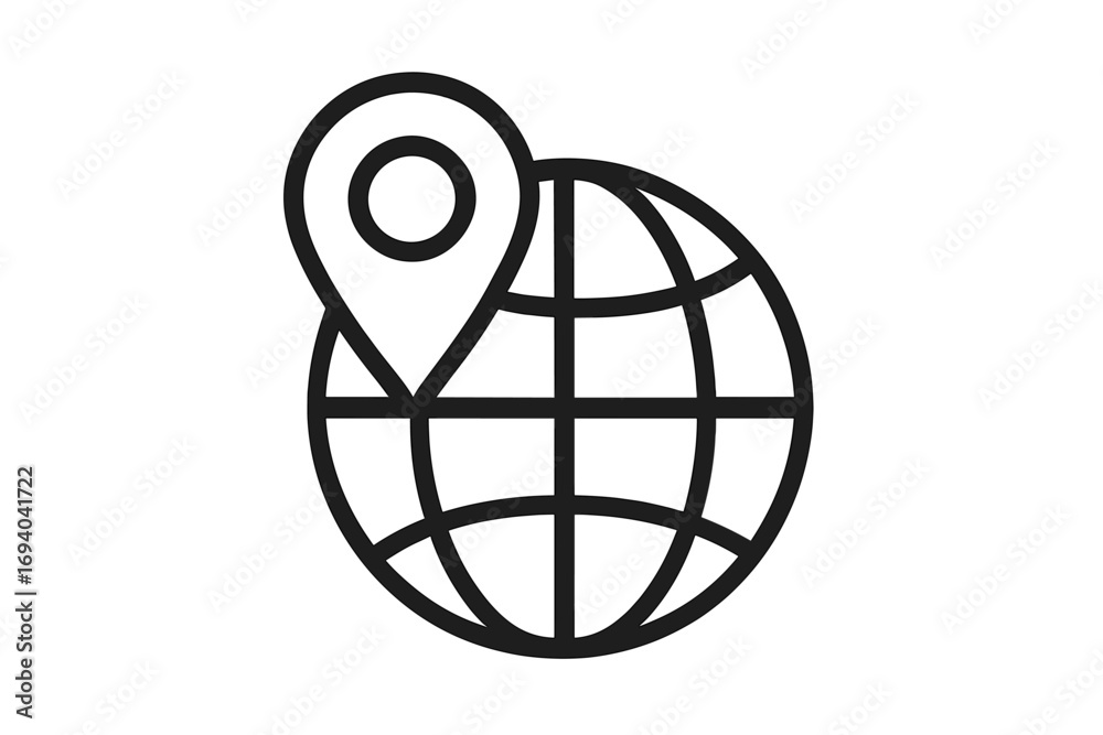 Wall mural globe outline with map pin icon, location marker symbol for web design, app interface, digital navig