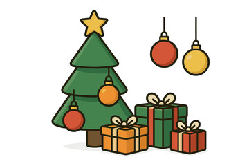 Minimalist Christmas card with 3D cartoon Christmas tree, colorful hanging ornaments, and festive gift boxes, holiday celebration, vector illustration with transparent background