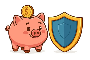 Cute piggy bank with coin and protective shield, financial security concept, money safety illustration, savings protection, cartoon vector for finance posts, ads, cards
