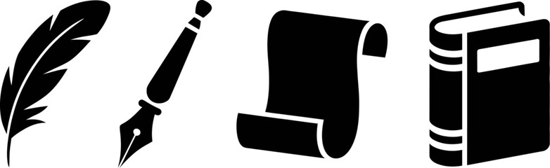 Iconic symbols of writing and knowledge: quill, pen, scroll, and book