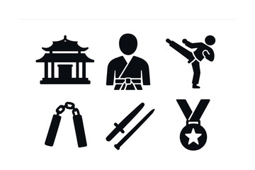 Martial arts icons: karate symbols and equipment featuring kicks, uniform, and weapons