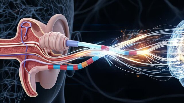 A medical animation showing the auditory pathway, with nerve signals traveling from the inner ear to the brain