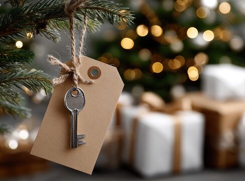 Festive key and tag hanging on a decorated Christmas tree with blurred gift boxes in the background during the holiday season