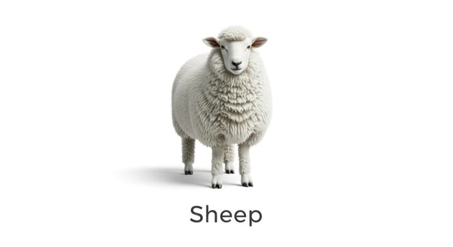 A stocky sheep stands centered against a white background with a shadow underneath