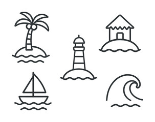 Minimalist coastal icon set featuring palm tree, lighthouse, beach hut, sailboat, and ocean wave