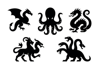 Obraz premium Silhouettes of mythical creatures: dragon, octopus, sea serpent, chimera, hydra