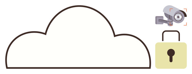 Outline of a cloud, surveillance camera and padlock highlighting data safety, privacy, and online protection. Ideal for cybersecurity, cloud computing, digital security, privacy, vigilance