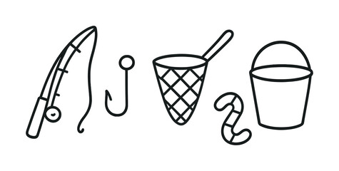 Fishing and beach essentials: rod, hook, net, bait, and bucket outline icons