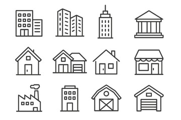 Fototapeta premium Building line icon set. Real estate and property vector symbols. House, home, office, skyscraper, factory, store, bank, barn icons for web, app, UI, UX design. Editable stroke.