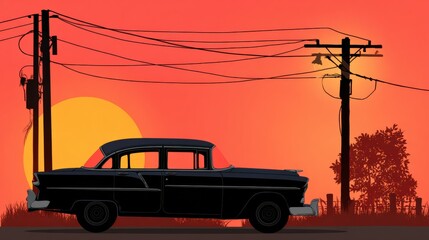 Classic Car Against a Vibrant Sunset Backdrop, Showcasing Silhouettes of Power Lines and Trees