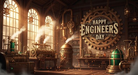 Obraz premium Steampunk Workshop with Happy Engineers Day Text