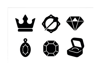 Collection of jewelry icons featuring crown, brooch, diamond, pendant, gem, and ring box