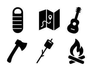 Camping essentials icons: sleeping bag, map, guitar, axe, marshmallow, campfire