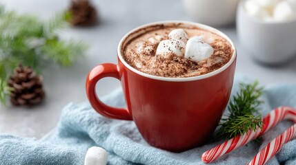 Cozy hot chocolate with marshmallows and candy canes displayed on a winter-themed table setting during the holiday season