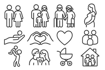 Family and life stages line icon set. Vector symbols of couple, parents, child, pregnancy, newborn baby, and elderly people. Love, relationship, and care concepts.